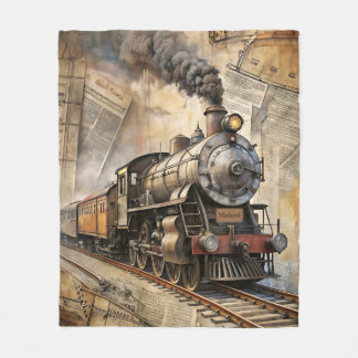 Personalized Vintage Steam Train Retro Travel Fleece Blanket