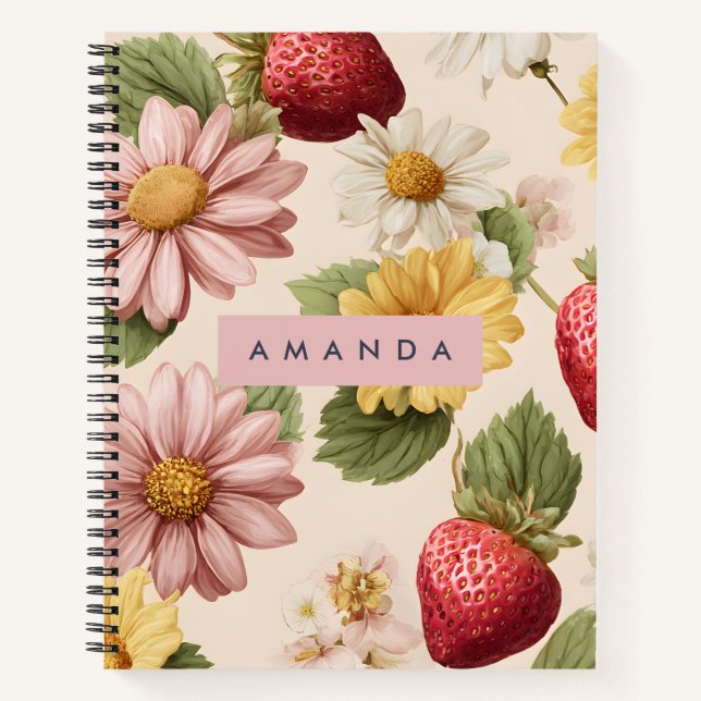 Personalized Vintage Strawberry & Flower Pattern Notebook (Front)
