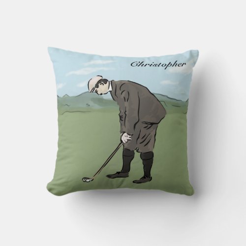 Personalized Vintage style golfer putting Throw Pillow