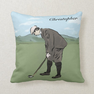 Personalized Vintage style golfer putting Throw Pillow