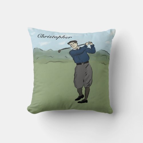 Personalized Vintage style golfer swinging his clu Throw Pillow