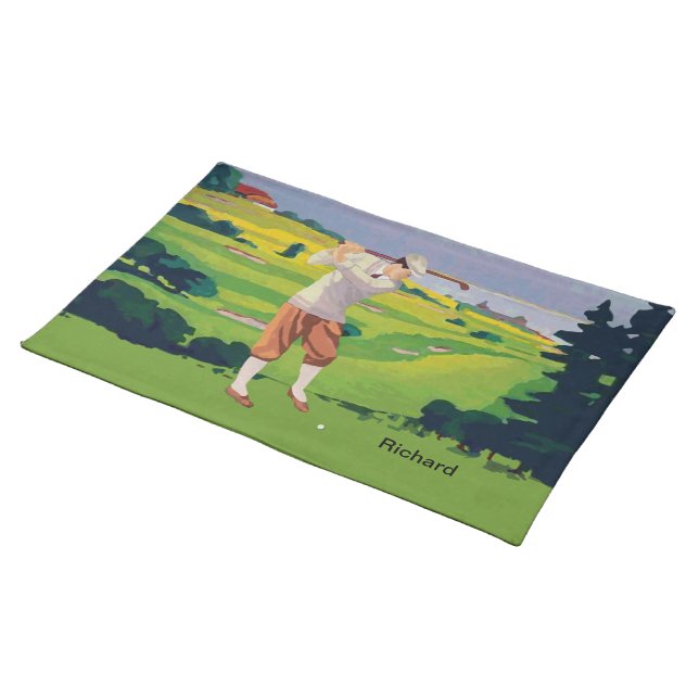 Personalized Vintage Style Highlands Golfing Scene Cloth Placemat (On Table)