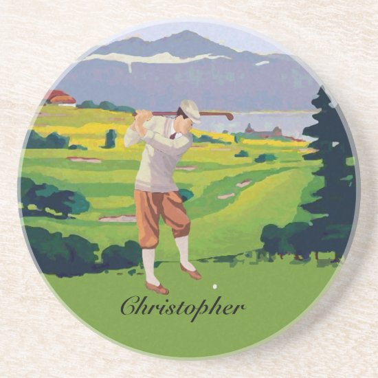 Personalized Vintage Style Highlands Golfing Scene Coaster