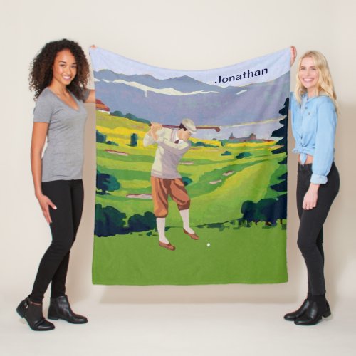Personalized Vintage Style Highlands Golfing Scene Fleece Blanket