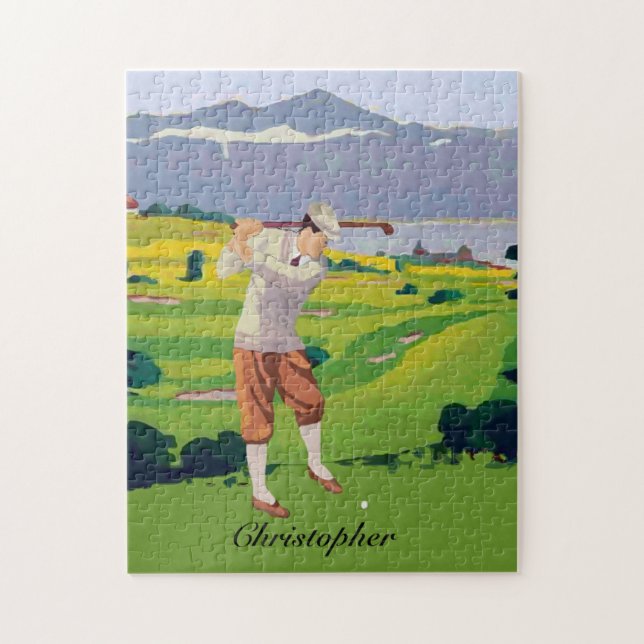 Personalized Vintage Style Highlands Golfing Scene Jigsaw Puzzle (Vertical)