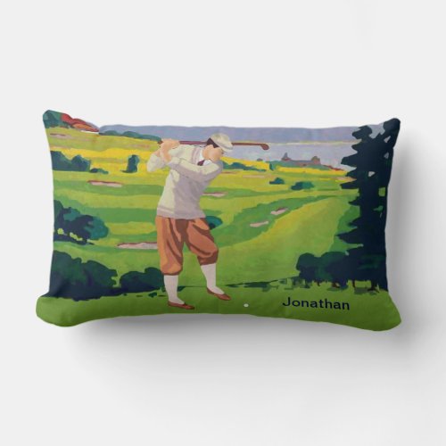 Personalized Vintage Style Highlands Golfing Scene Lumbar Pillow