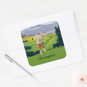 Personalized Vintage Style Highlands Golfing Scene Square Sticker