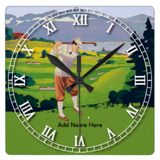 Personalized Vintage Style Highlands Golfing Scene Square Wall Clock