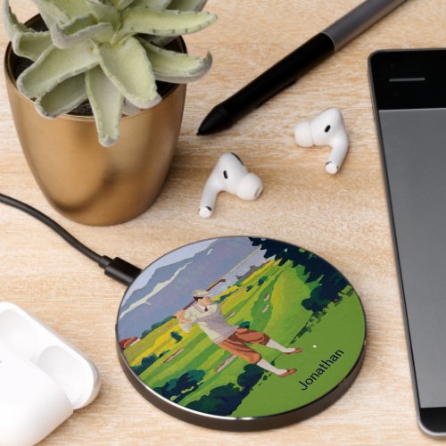 Personalized Vintage Style Highlands Golfing Scene Wireless Charger