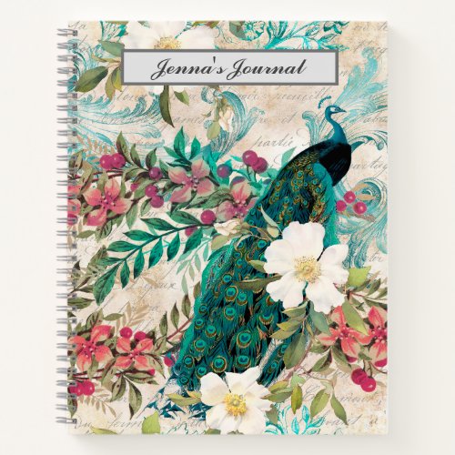 Personalized Vintage Teal Peacock and Pink Floral Notebook