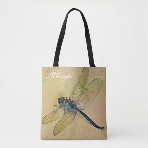 Personalized Vintage Tolstoy Blue Dragonfly Tote Bag