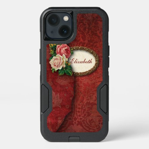 Personalized Vintage Torn Red Damask and Roses iPhone 13 Case