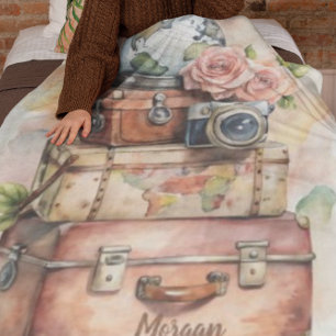 Personalized Vintage Travel Illustration Fleece Blanket