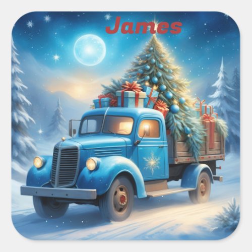 Personalized Vintage Truck Stickers Blue Truck Square Sticker
