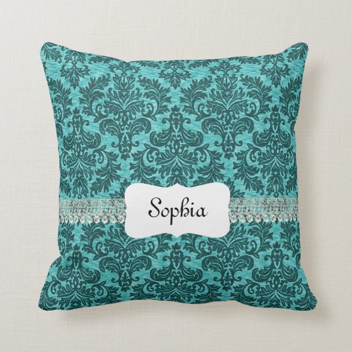 Personalized Vintage Turquoise Damask Throw Pillows