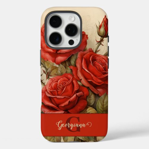 Personalized Vintage Watercolor Floral Red Roses iPhone 16 Pro Case