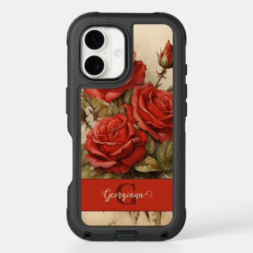 Personalized Vintage Watercolor Floral Red Roses iPhone 16 Case
