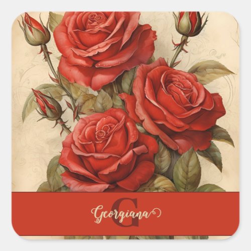 Personalized Vintage Watercolor Floral Red Roses Square Sticker