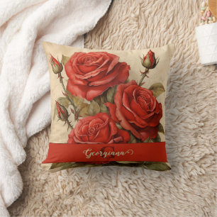 Personalized Vintage Watercolor Floral Red Roses Throw Pillow