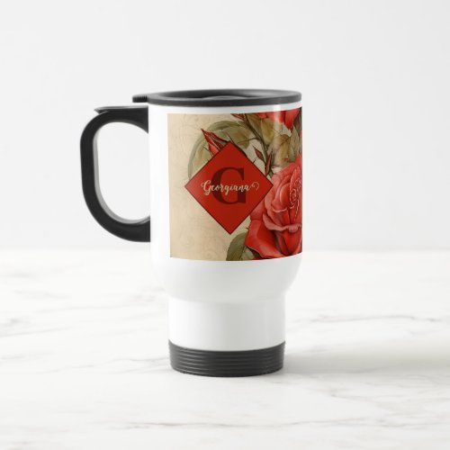 Personalized Vintage Watercolor Floral Red Roses Travel Mug