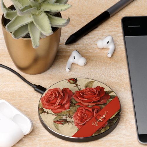 Personalized Vintage Watercolor Floral Red Roses Wireless Charger