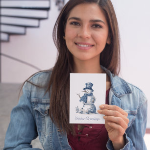 Personalized Vintage Watercolor Snowman Delft Blue Holiday Card