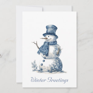 Personalized Vintage Watercolor Snowman Delft Blue Holiday Card