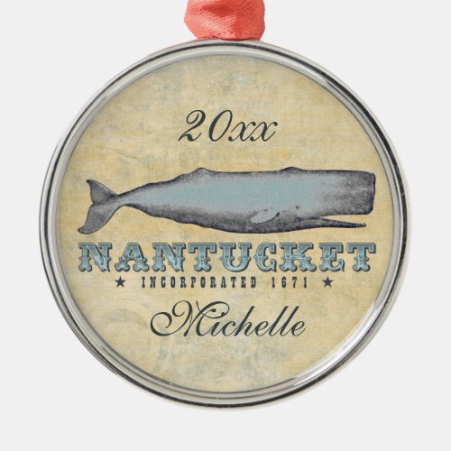 Personalized Vintage Whale Nantucket MA Christmas Metal Ornament