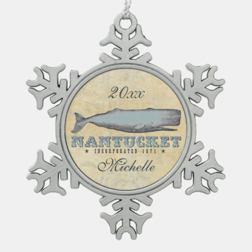 Personalized Vintage Whale Nantucket MA Christmas Snowflake Pewter Christmas Ornament