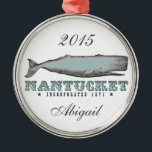 Personalized Vintage Whale Nantucket Massachusetts Metal Ornament<br><div class="desc">Personalized Vintage Victorian Sperm Whale Nantucket,  Massachusetts Christmas Ornament.  A Victorian drawing of a sperm whale,  and the city of Nantucket appears in vintage font along with the year of incorporation; 1671.</div>