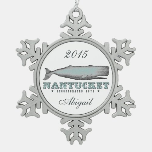 Personalized Vintage Whale Nantucket Massachusetts Snowflake Pewter Christmas Ornament