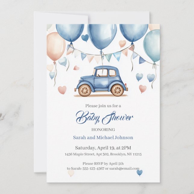 Personalized Vintage Wheels Baby Shower Invitation (Front)
