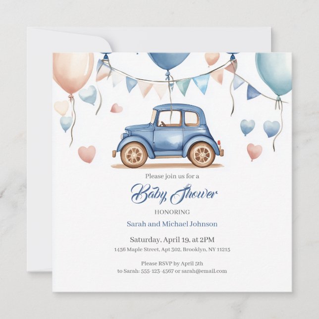 Personalized Vintage Wheels Baby Shower Invitation (Front)