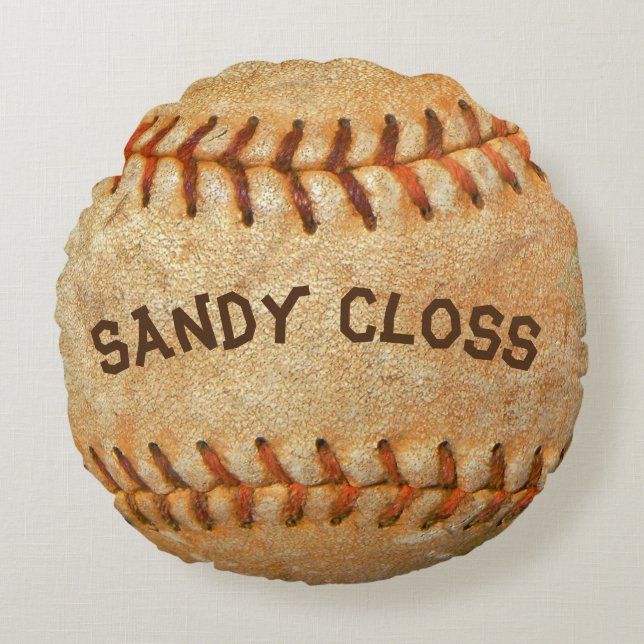 Personalized Vintage White Baseball red stitching Round Pillow (Front)