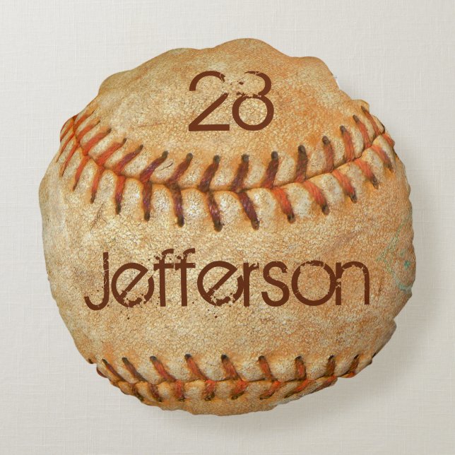 Personalized Vintage White Baseball red stitching Round Pillow (Back)