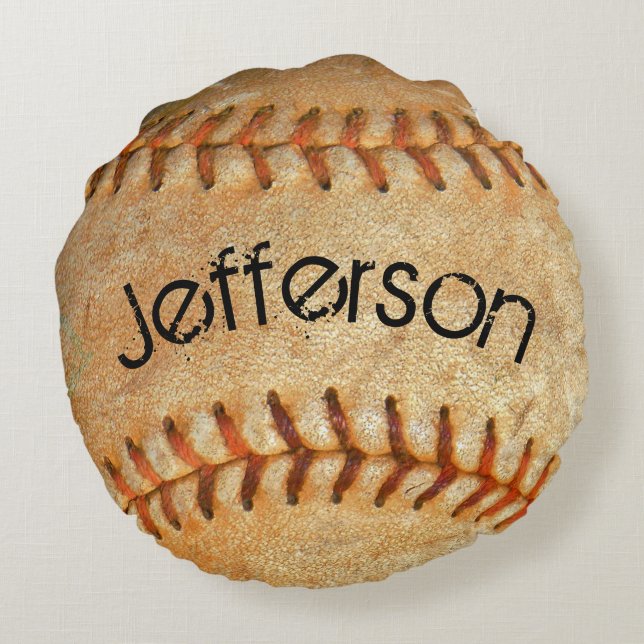 Personalized Vintage White Baseball red stitching Round Pillow (Back)