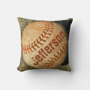 Personalized vintage White softball red stitching Throw Pillow
