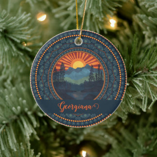 Personalized Vintage Wilderness Sunset Dot Mandala Ceramic Ornament