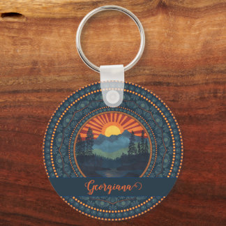 Personalized Vintage Wilderness Sunset Dot Mandala Keychain