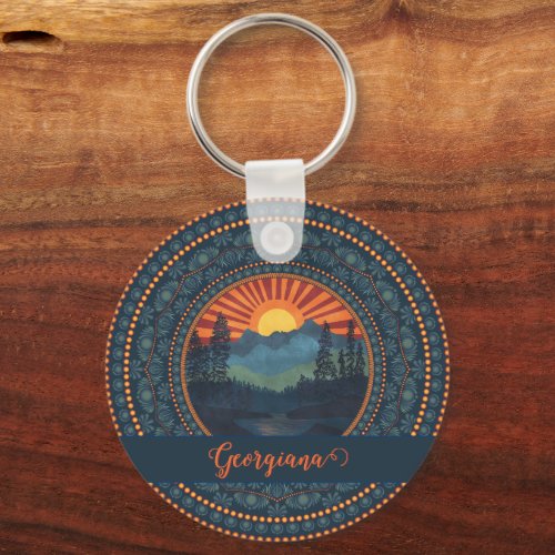 Personalized Vintage Wilderness Sunset Dot Mandala Keychain