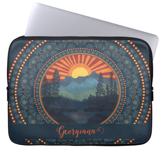 Personalized Vintage Wilderness Sunset Dot Mandala Laptop Sleeve (Front)