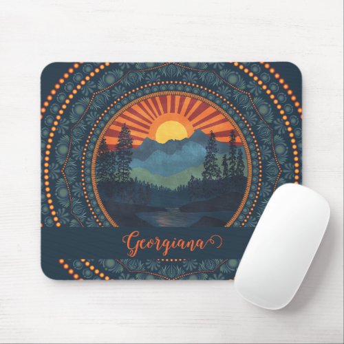 Personalized Vintage Wilderness Sunset Dot Mandala Mouse Pad