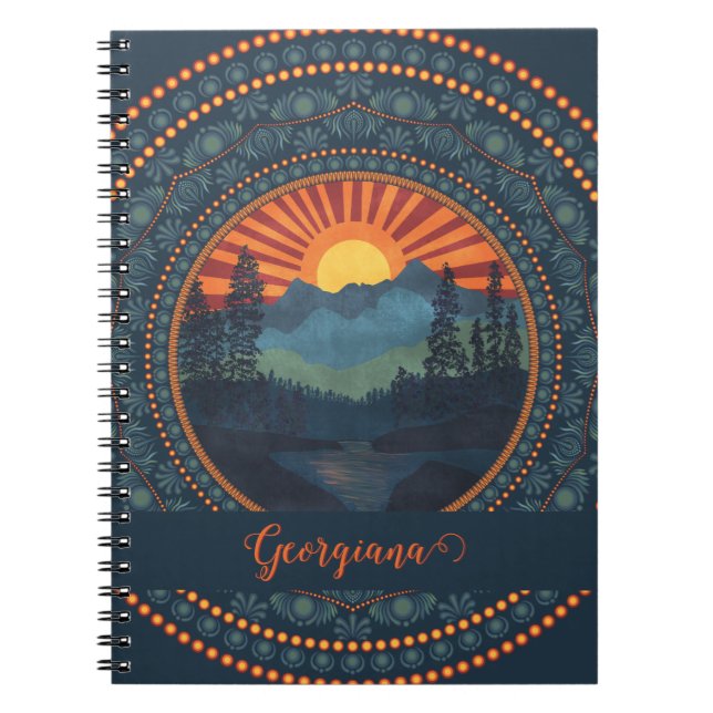 Personalized Vintage Wilderness Sunset Dot Mandala Notebook (Front)