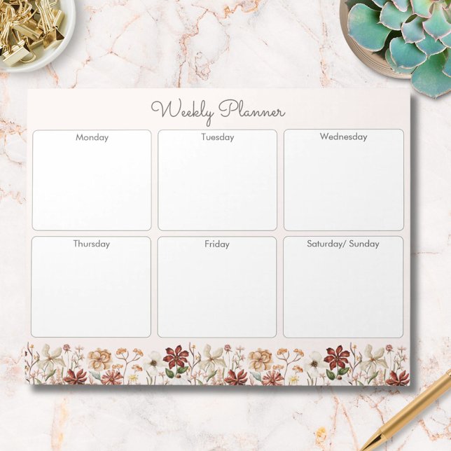 Personalized Vintage Wildflower Weekly Planner Notepad (In situ)