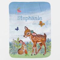 Personalized Vintage Woodland Animal Fawn Bunny Baby Blanket