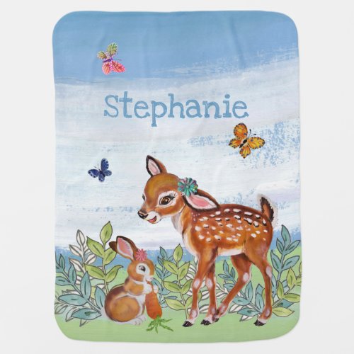 Personalized Vintage Woodland Animal Fawn Bunny Baby Blanket