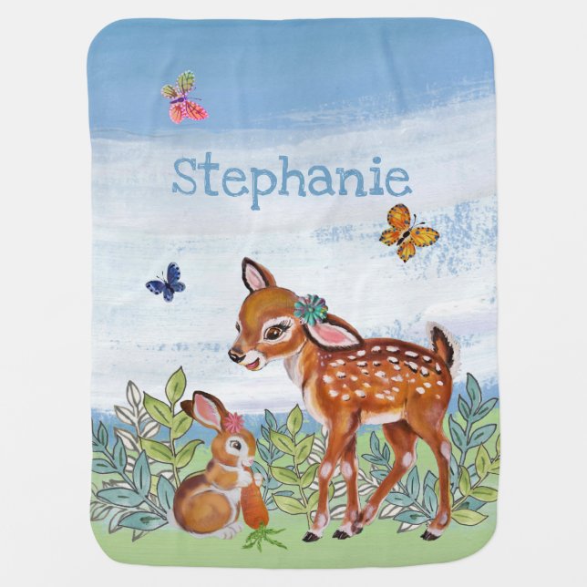 Personalized Vintage Woodland Animal Fawn Bunny Baby Blanket (Front)
