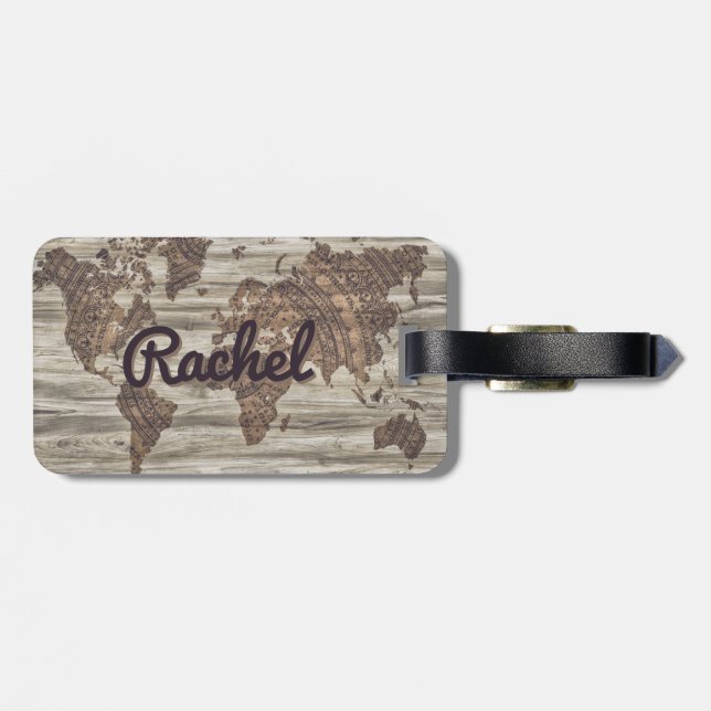 Personalized vintage world map luggage tag (Back Horizontal)