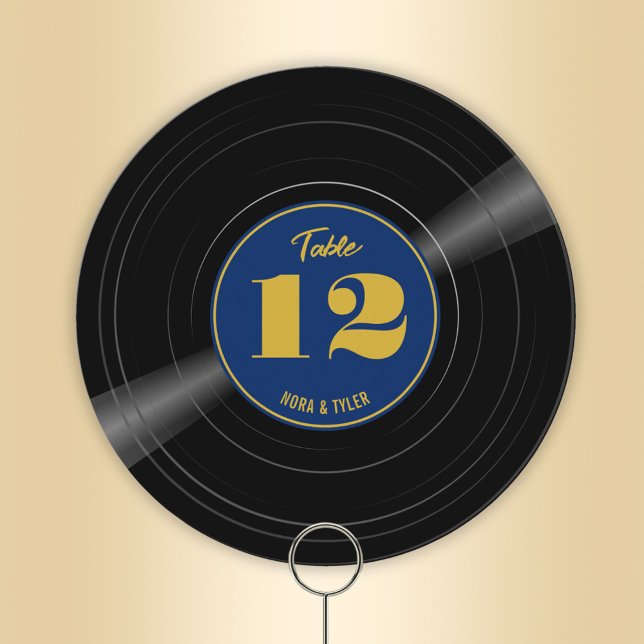 Personalized Vinyl Record Blue Gold Table Number (Round personalized vinyl record table number with deep blue label and gold tone accents)