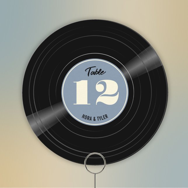 Personalized Vinyl Record Dusty Blue Table Number (Round personalized vinyl record table number with dusty blue label.)